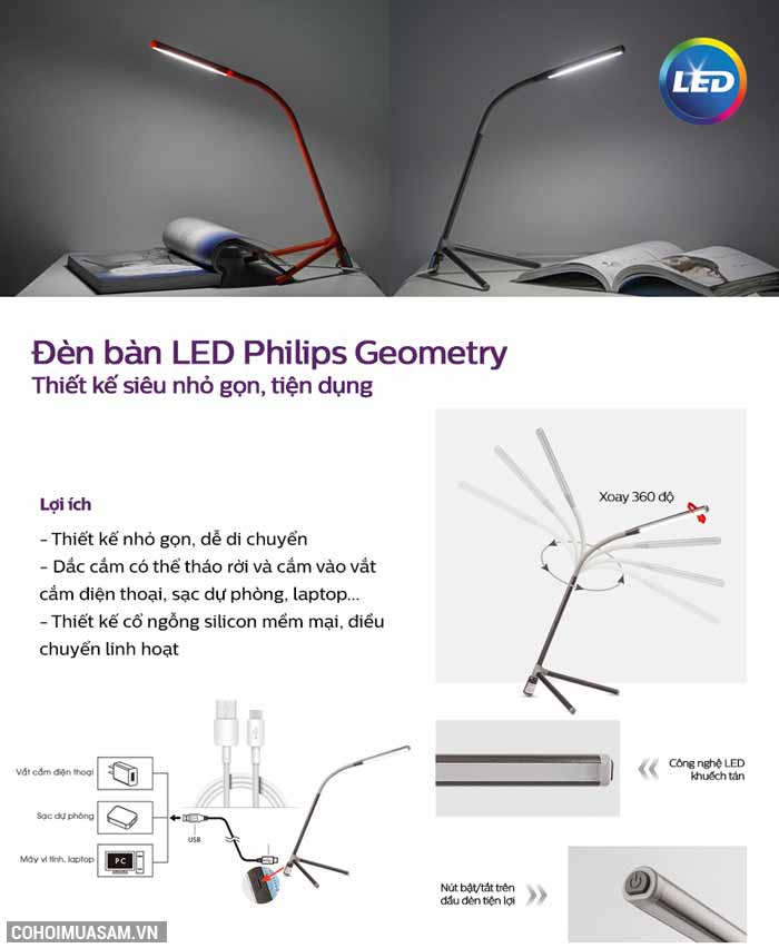 Đèn bàn, đèn học sinh chống cận LED Philips Geometry 66046 - Ảnh 2