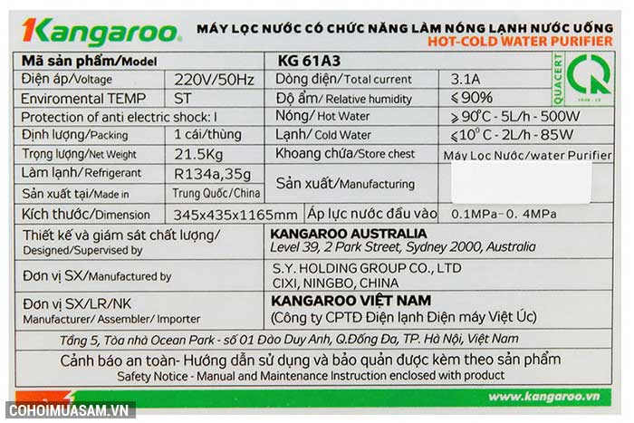 Máy lọc nước RO nóng lạnh 2 vòi KANGAROO KG61A3 - Ảnh 9 Máy lọc nước RO nóng lạnh 2 vòi KANGAROO KG61A3 - Ảnh 9