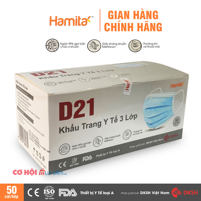 Khẩu trang y tế 3 lớp kháng khuẩn HAMITA, hộp 50 cái - Ảnh 1 Khẩu trang y tế 3 lớp kháng khuẩn HAMITA, hộp 50 cái - Ảnh 1