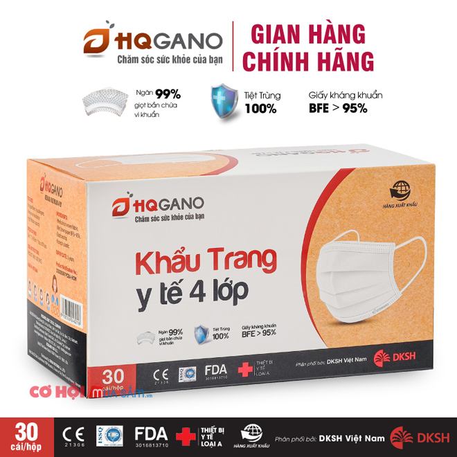 Khẩu trang y tế 4 lớp HQGANO kháng khuẩn, hộp 30 cái - Ảnh 1 Khẩu trang y tế 4 lớp HQGANO kháng khuẩn, hộp 30 cái - Ảnh 1