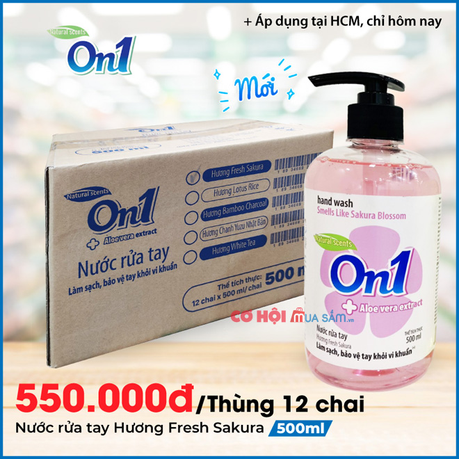 Thùng 12 chai nước rửa tay sát khuẩn nhanh On1, chai nhấn 500ml - Ảnh 1 Thùng 12 chai nước rửa tay sát khuẩn nhanh On1, chai nhấn 500ml - Ảnh 1