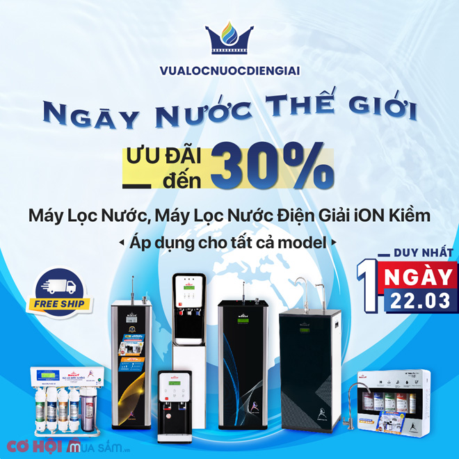 Siêu ưu đãi đến 30% máy lọc nước ion kiềm, duy nhất Ngày Nước Thế giới 22/03 - Ảnh 1 Siêu ưu đãi đến 30% máy lọc nước ion kiềm, duy nhất Ngày Nước Thế giới 22/03 - Ảnh 1