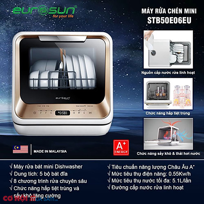 Máy rửa bát để bàn 5 bộ Eurosun STB50E06EU - Ảnh 2 Máy rửa bát để bàn 5 bộ Eurosun STB50E06EU - Ảnh 2