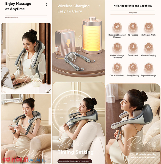 Máy massage xoa bóp day ấn cổ vai gáy 6D Nikio NK-138 - Pin sạc - Ảnh 5 Máy massage xoa bóp day ấn cổ vai gáy 6D Nikio NK-138 - Pin sạc - Ảnh 5